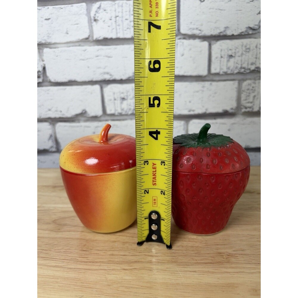 Hazel Atlas Jelly Jar Apple Strawberry Milk Glass Pair Lidded Jam Jar Vintage - Picture 14 of 15